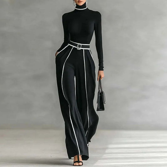 Dolcevita invernale manica lunga set da 2 pezzi pullover top slim solido retrò + pantaloni a gamba larga abiti dritti in colore a contrasto autunnale