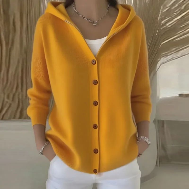 Cardigan donna con cappuccio e bottoni