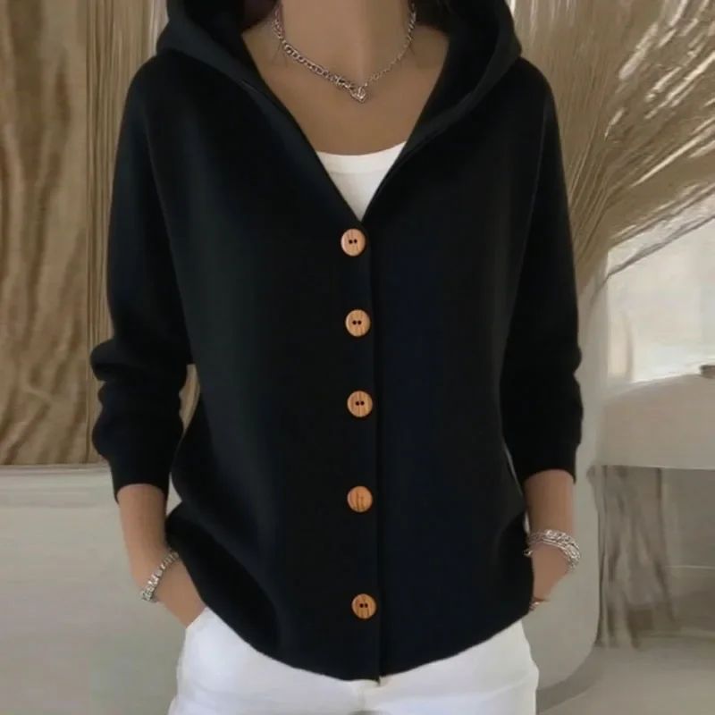 Cardigan donna con cappuccio e bottoni