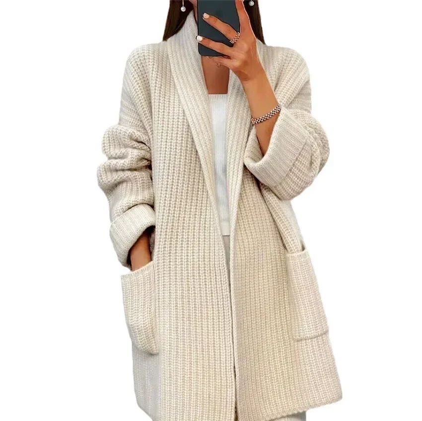 Cardigan oversized din tricot gros pentru femei – lung, deschis, cu buzunare